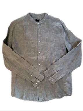 H&M Linen Cotton Mandarin Collar Button Up Shirt LS Natural Coastal Melange Blue
